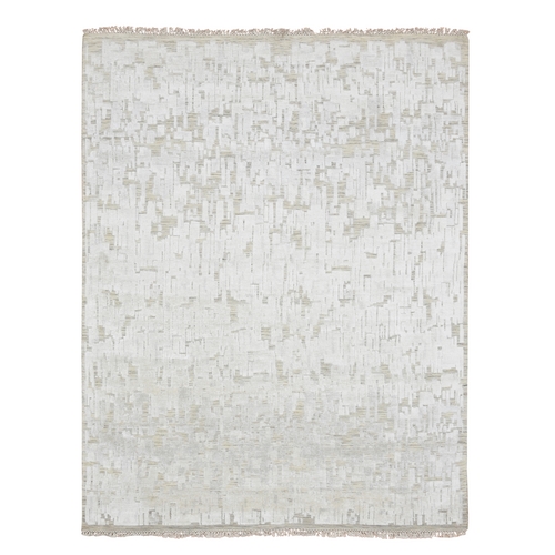 Alabaster White, Hand Knotted, Pure Silk, Textured, Tone on Tone, Modern, Oriental 
