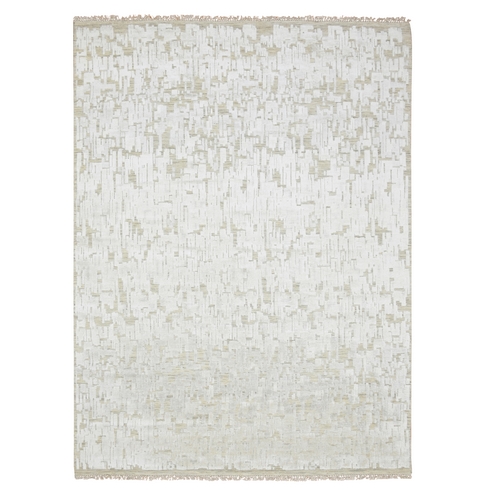 Alabaster White, Pure Silk, Textured, Tone on Tone, Modern, Hand Knotted, Oriental 