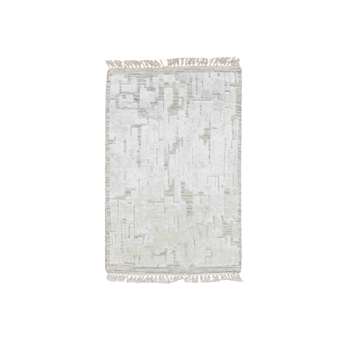 Alabaster White, Hand Knotted, Pure Silk, Textured, Tone on Tone, Modern, Mat, Sample, Oriental 