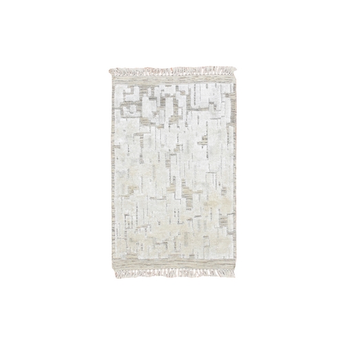 Alabaster White, Modern, Hand Knotted, Pure Silk, Textured, Tone on Tone, Mat, Sample, Oriental 