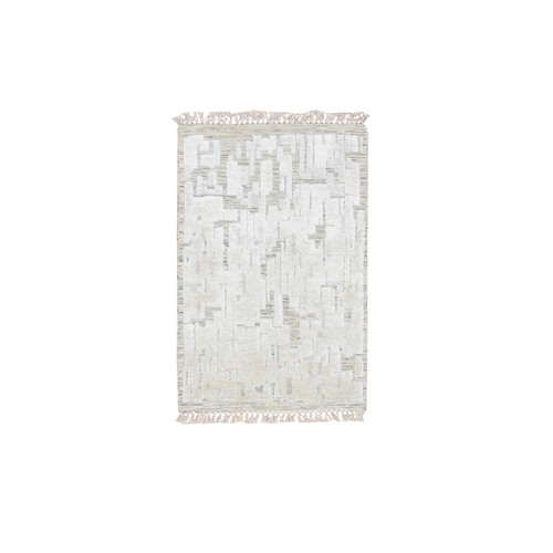 Alabaster White, Modern, Hand Knotted, Pure Silk, Textured, Tone on Tone, Sample, Mat, Oriental 