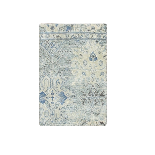 Ivory and Blue, Oushak, Distressed, Pure Silk with Textured Wool, Hand Knotted, Mat, Sample, Oriental 