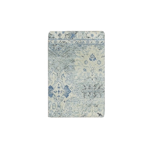 Ivory and Blue, Oushak, Distressed, Pure Silk with Textured Wool, Hand Knotted, Mat, Sample, Oriental 