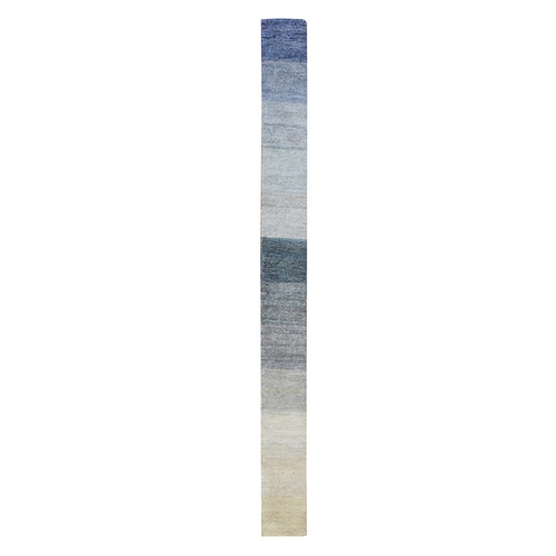 Cloud Gray with Blue, Hand Knotted, Pure Silk with Oxidized Wool, Chart Blanket Narrow Runner for Custom Made Orders, Oriental 