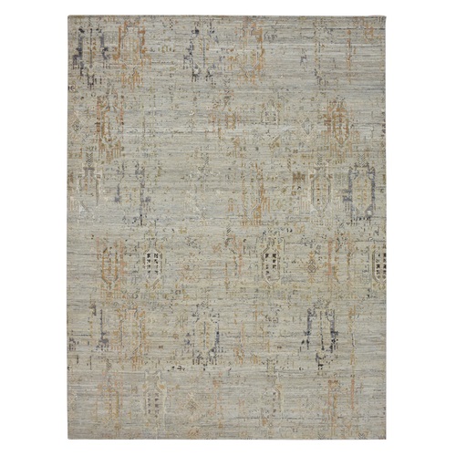 Beige, Broken and Erased Geometric Persian Design, Pure Wool, Shaved Low, Hand Knotted, Oriental 