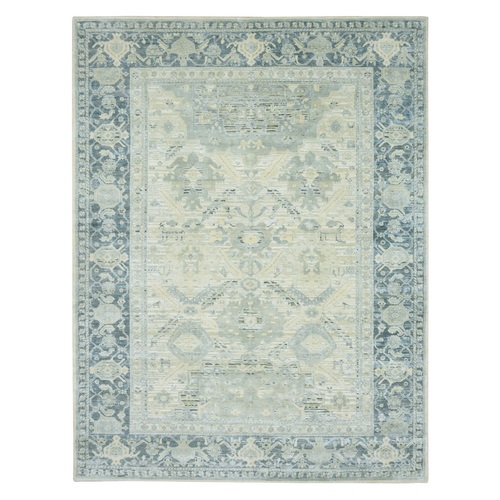 Storm Gray, Silk and Oxidized Wool, Oushak Design with Geometric Pattern, Hand Knotted, Oriental Rug