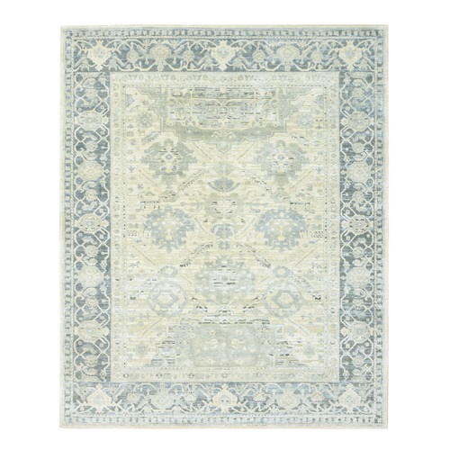 Misty Gray, Hand Knotted, Oushak Design with Geometric Pattern, Denser Weave, Silk and Oxidized Wool, Oriental Rug