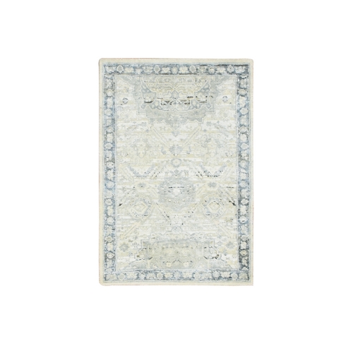 Pastel Gray, Silk and Oxidized Wool, Oushak Design with Geometric Pattern, Hand Knotted, Mat, Oriental 