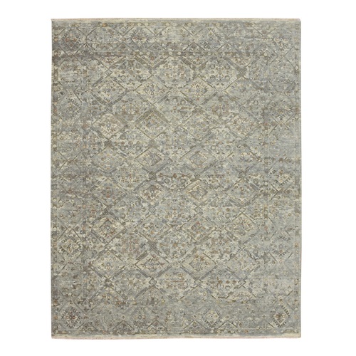 Spanish Gray, Erased and Broken Garden Design, Hand Knotted, Pure Wool, Zero Pile, Cropped Thin, Oriental Rug