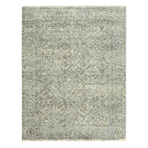 Spanish Gray, Erased and Broken Garden Design, Hand Knotted, Natural Wool, Zero Pile, Cropped Thin, Oriental Rug