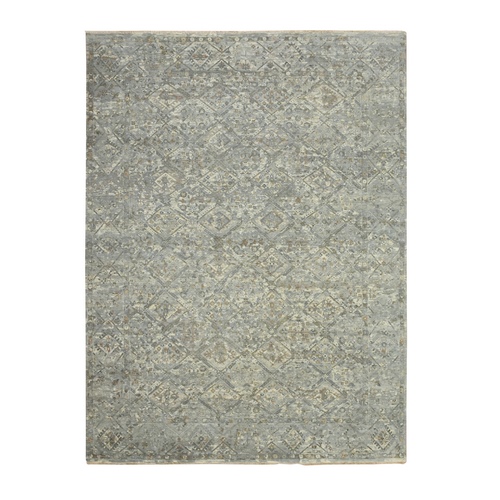 Spanish Gray, Erased and Broken Garden Design, Hand Knotted, Natural Wool, Antique Finish, Zero Pile, Cropped Thin, Oriental Rug