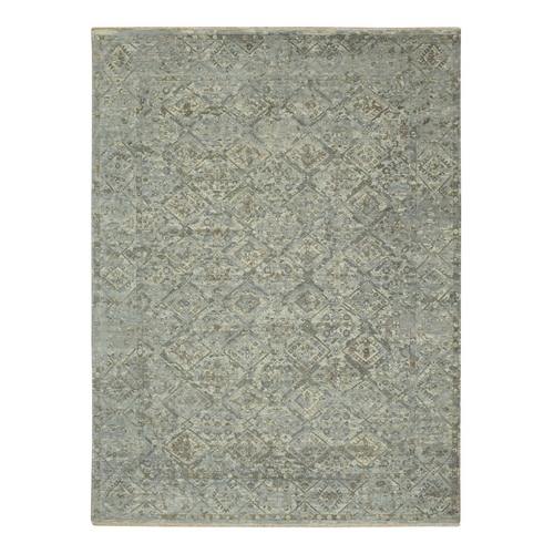 Spanish Gray, Antique Finish, Erased and Broken Garden Design, Hand Knotted, Natural Wool, Zero Pile, Cropped Thin, Oriental Rug
