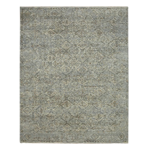 Spanish Gray, Erased and Broken Garden Design, Hand Knotted, Natural Wool, Antique Finish, Zero Pile, Cropped Thin, XL, Oversized, Oriental Rug