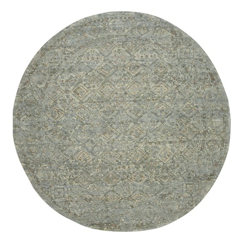 Spanish Gray, Hand Knotted, Erased and Broken Garden Design, Natural Wool, Antique Finish, Zero Pile, Cropped Thin, Round, Oriental Rug