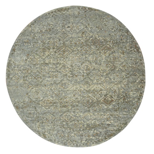 Spanish Gray, Erased and Broken Garden Design, Hand Knotted, Natural Wool, Antique Finish, Zero Pile, Cropped Thin, Round, Oriental Rug