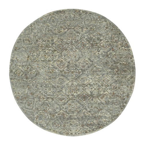 Medium Gray, Zero Pile, Cropped Thin, Hand Knotted, Erased and Broken Garden Design, Natural Wool, Antique Finish, Round, Oriental 