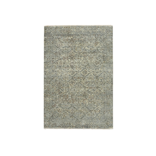 Spanish Gray, Erased and Broken Garden Design, Hand Knotted, Natural Wool, Antique Finish, Zero Pile, Cropped Thin, Oriental Rug