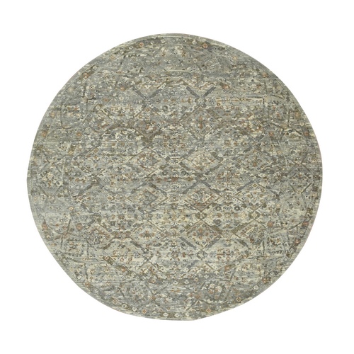 Spanish Gray, Natural Wool, Antique Finish, Erased and Broken Garden Design, Hand Knotted, Zero Pile, Cropped Thin, Round, Oriental Rug