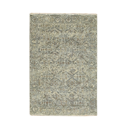 Spanish Gray, Antique Finish, Erased and Broken Garden Design, Hand Knotted, Zero Pile, Pure Wool, Cropped Thin, Oriental Rug