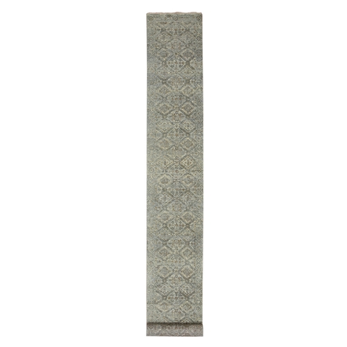 Spanish Gray, Antique Finish, Erased and Broken Garden Design, Hand Knotted, Zero Pile, Cropped Thin, Pure Wool, Long and Narrow Runner, Oriental Rug
