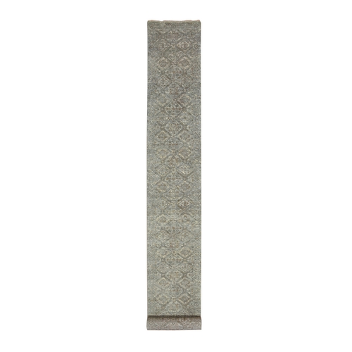 Spanish Gray, Natural Wool, Antique Finish, Erased and Broken Garden Design, Hand Knotted, Zero Pile, Cropped Thin, XL Runner, Oriental Rug