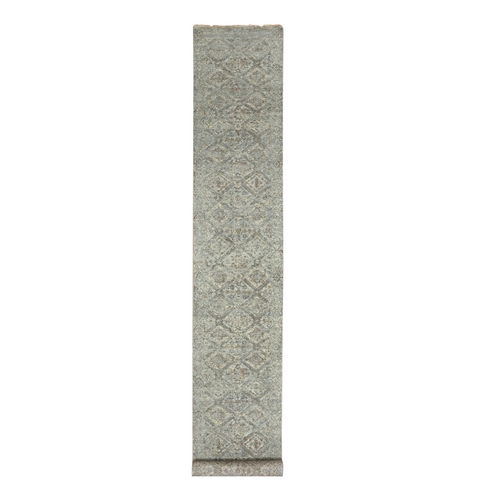 Spanish Gray, Antique Finish, Erased and Broken Garden Design, Hand Knotted, Natural Wool, Zero Pile, Cropped Thin, XL, Runner, Oriental Rug