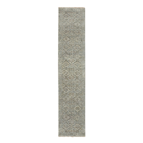 Spanish Gray, Antique Finish, Erased and Broken Garden Design, Hand Knotted, Natural Wool, Zero Pile, Cropped Thin, Runner, Oriental Rug