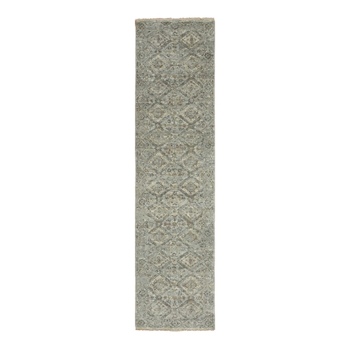 Spanish Gray, Erased and Broken Garden Design, Hand Knotted, Natural Wool, Zero Pile, Antique Finish, Cropped Thin, Runner, Oriental Rug