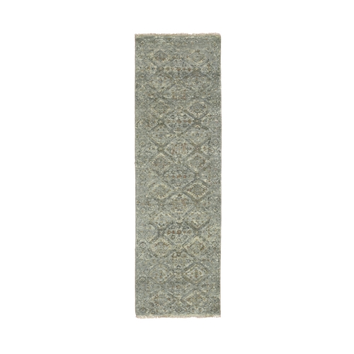 Spanish Gray, Erased and Broken Garden Design, Hand Knotted, 100% Wool, Zero Pile, Cropped Thin, Runner, Oriental Rug