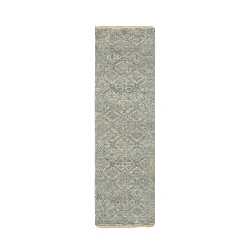 Spanish Gray, Hand Knotted, Erased and Broken Garden Design, Pure Wool, Zero Pile, Cropped Thin, Runner, Oriental Rug