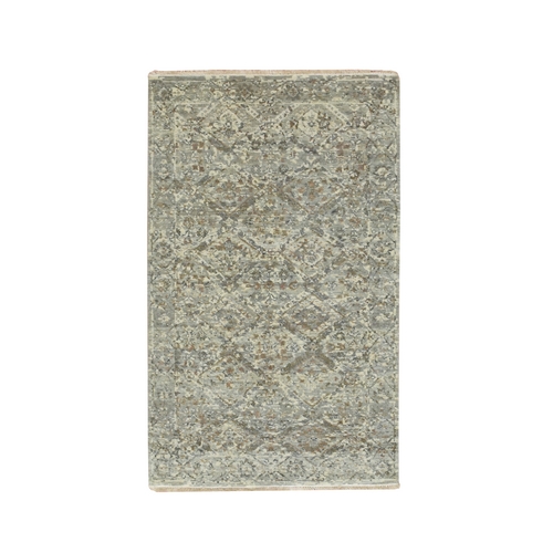 Spanish Gray, Hand Knotted, Erased and Broken Garden Design, Pure Wool, Zero Pile, Cropped Thin and Antique Finish, Oriental Rug
