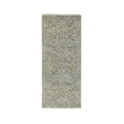Spanish Gray, Erased and Broken Garden Design, Hand Knotted, Pure Wool, Zero Pile, Cropped Low and Antique Finish, Runner, Oriental Rug