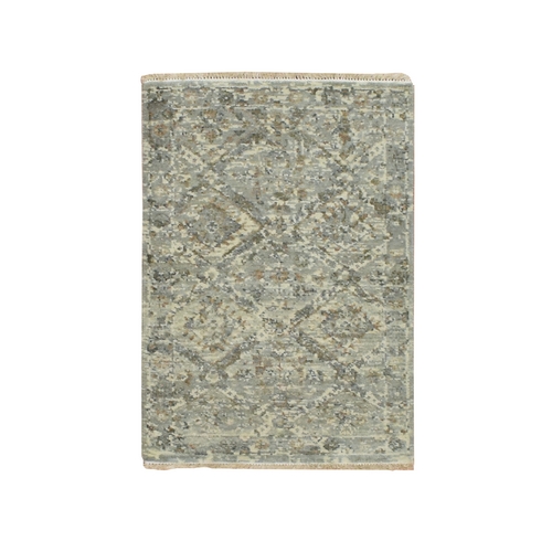 Spanish Gray, Erased and Broken Garden Design, Hand Knotted, Pure Wool, Zero Pile, Antique Finish, Cropped Thin, Sample, Mat, Oriental Rug