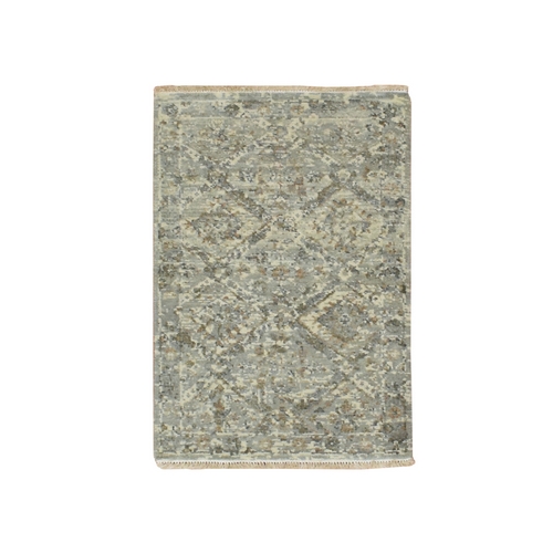 Spanish Gray, Pure Wool, Erased and Broken Garden Design, Hand Knotted, Zero Pile, Antique Finish, Cropped Thin, Sample, Mat, Oriental Rug