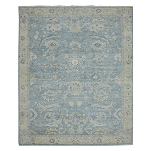 Baby Blue, Sickle Leaf Design, Hand Knotted, Zero Pile, Cropped Low and Antique Finish, Vegetable Dyes, Natural Wool, Oversized, XL, Oriental 