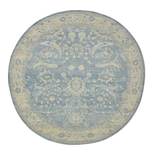 Baby Blue, 100% Wool, Sickle Leaf Design, Hand Knotted, Zero Pile, Cropped Low and Antique Finish, Vegetable Dyes, Round, Oriental 