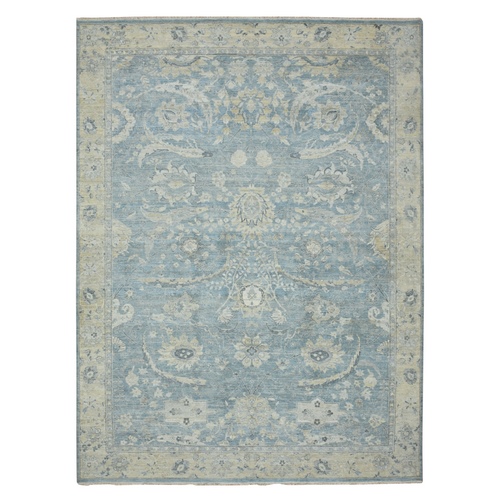 Baby Blue, Zero Pile, Cropped Low and Antique Finish, Hand Knotted, Sickle Leaf Design, Vegetable Dyes, Natural Wool, Oriental 