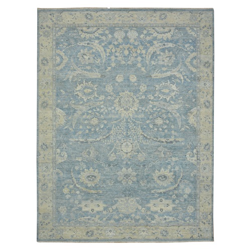 Baby Blue, 100% Wool, Sickle Leaf Design, Hand Knotted, Cropped Low and Antique Finish, Zero Pile, Vegetable Dyes, Oriental 