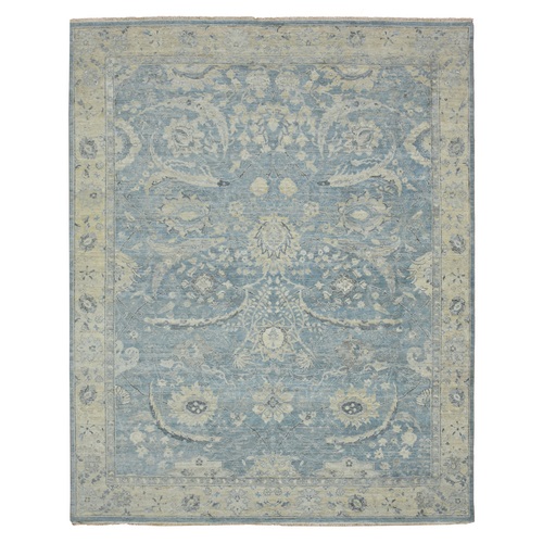 Baby Blue, Sickle Leaf Design, Hand Knotted, Natural Wool, Zero Pile, Cropped Low and Antique Finish, Vegetable Dyes, Oriental 