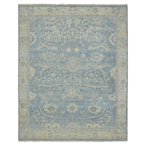 Baby Blue, 100% Natural Wool, Sickle Leaf Design, Hand Knotted, Zero Pile, Cropped Low and Antique Finish, Vegetable Dyes, Oriental 