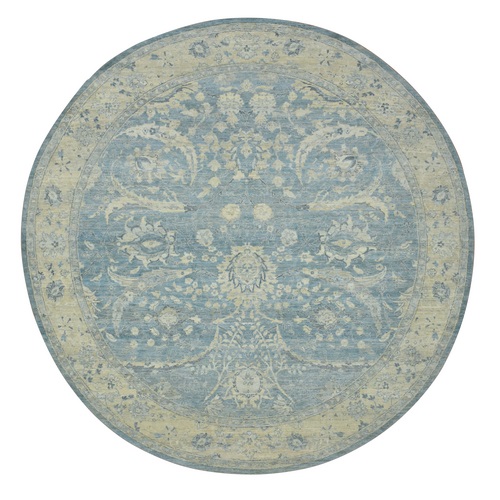 Baby Blue, Sickle Leaf Design, Hand Knotted, Cropped Low and Antique Finish, Zero Pile, Vegetable Dyes, Pure Wool, Round, Oriental 