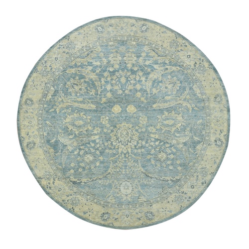 Baby Blue, Zero Pile, Sickle Leaf Design, Hand Knotted, Cropped Low and Antique Finish, Vegetable Dyes, Pure Wool, Round, Oriental 