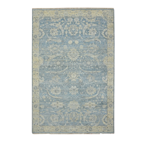 Baby Blue, Cropped Low and Antique Finish, Sickle Leaf Design, Hand Knotted, 100% Wool, Zero Pile, Vegetable Dyes, Oriental 