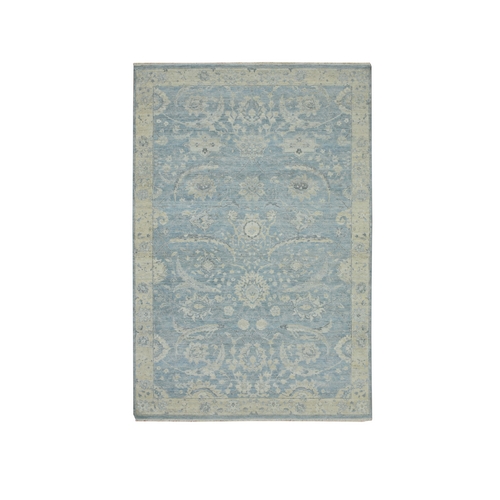 Baby Blue, Pure Wool, Sickle Leaf Design, Hand Knotted, Zero Pile, Cropped Low and Antique Finish, Vegetable Dyes, Oriental 