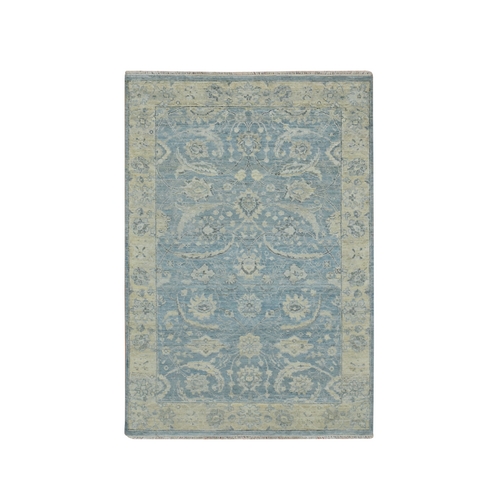 Baby Blue, Pure Wool, Sickle Leaf Design, Hand Knotted, Zero Pile, Cropped Low and Antique Finish, Vegetable Dyes, Oriental 