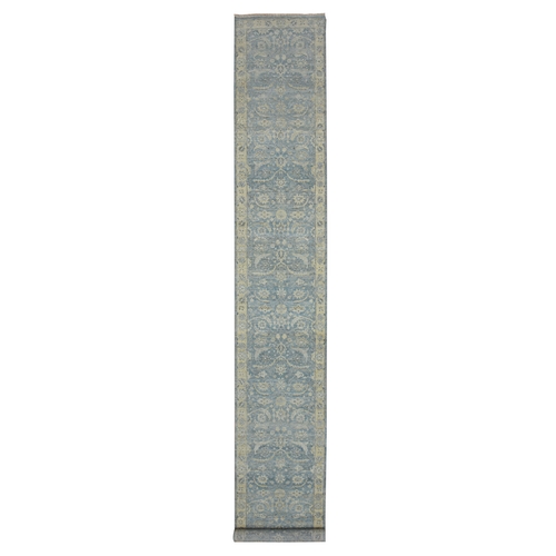 Sky Blue, Hand Knotted, Sickle Leaf Design, Pure Wool, Zero Pile, Cropped Thin and Antique Finish, Vegetable Dyes, Long and Narrow Runner, Oriental 