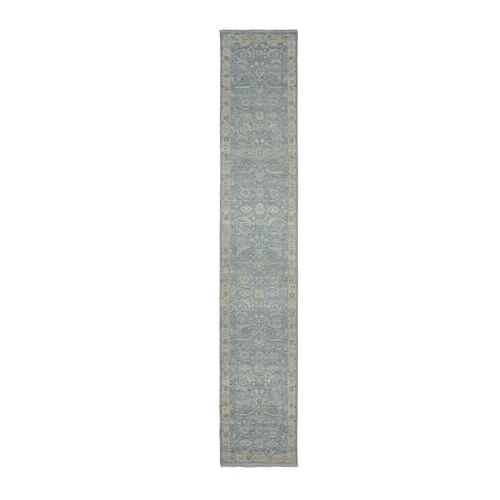 Baby Blue, 100% Wool, Hand Knotted, Sickle Leaf Design, Zero Pile, Cropped Thin and Antique Finish, Vegetable Dyes, Runner, Oriental 