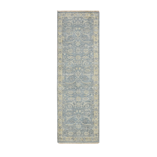 Baby Blue, Pure Wool, Sickle Leaf Design, Hand Knotted, Zero Pile, Cropped Low and Antique Finish, Vegetable Dyes, Runner, Oriental 