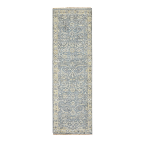 Baby Blue, Pure Wool, Sickle Leaf Design, Hand Knotted, Zero Pile, Cropped Low and Antique Finish, Vegetable Dyes, Runner, Oriental 