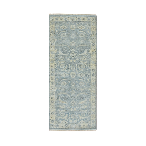 Baby Blue, 100% Natural Wool, Sickle Leaf Design, Hand Knotted, Zero Pile, Cropped Low and Antique Finish, Vegetable Dyes, Runner, Oriental 